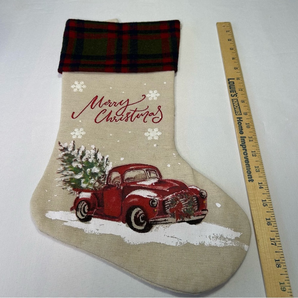 Red Truck Christmas Stocking plaid collar canvas with stitched Merry Christmas - Picture 5 of 8